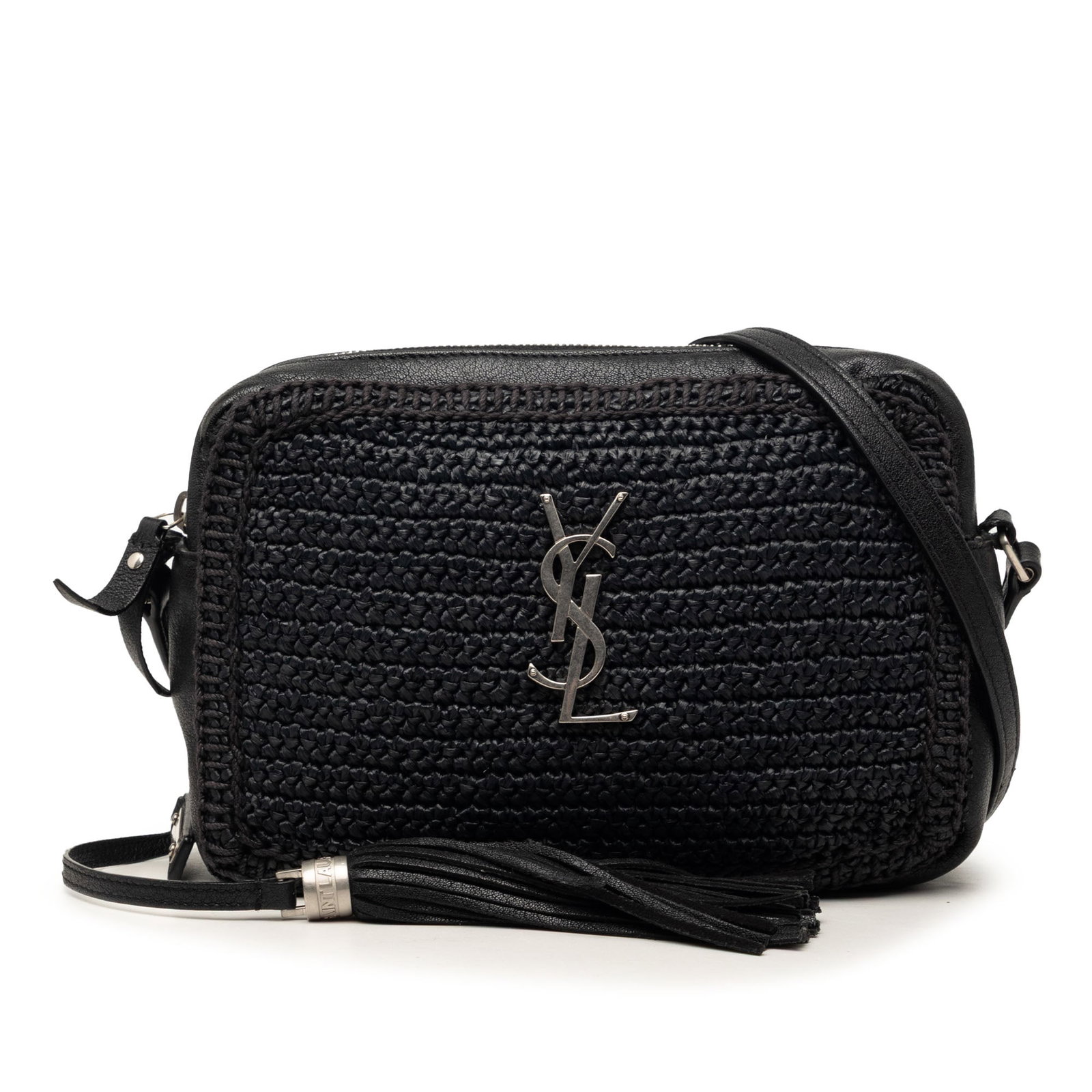 Saint Laurent Lou Camera Bag Woven Raffia Leather Trim: Saint Laurent Lou Camera Bag Woven Raffia Leather Trim This Saint Laurent Lou Camera Bag features a woven raffia body complemented by leather trim and an adjustable flat leather strap with a tassel de
