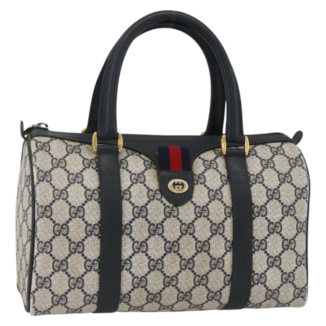 GUCCI Sherry Line Boston Bag GG Supreme PVC Leather Navy Red Gold: GUCCI Sherry Line Boston Bag GG Supreme PVC Leather Navy Red Gold GUCCI Sherry Line Boston Bag in navy, gold, and red, made in Italy from PVC leather and GG canvas. This women's Boston bag measures ap