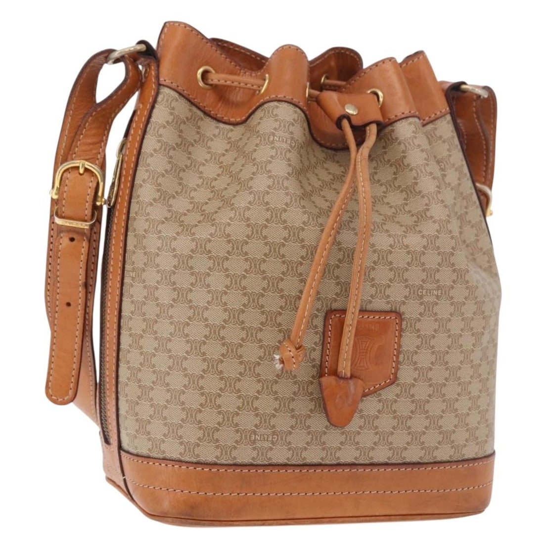 CELINE Macadam Shoulder Bag in Beige PVC Leather and Canvas: CELINE Macadam Shoulder Bag in Beige PVC Leather and Canvas CELINE shoulder bag in Macadam canvas with PVC leather trim in beige and gold. This women's bag is made in Italy and includes the item only;