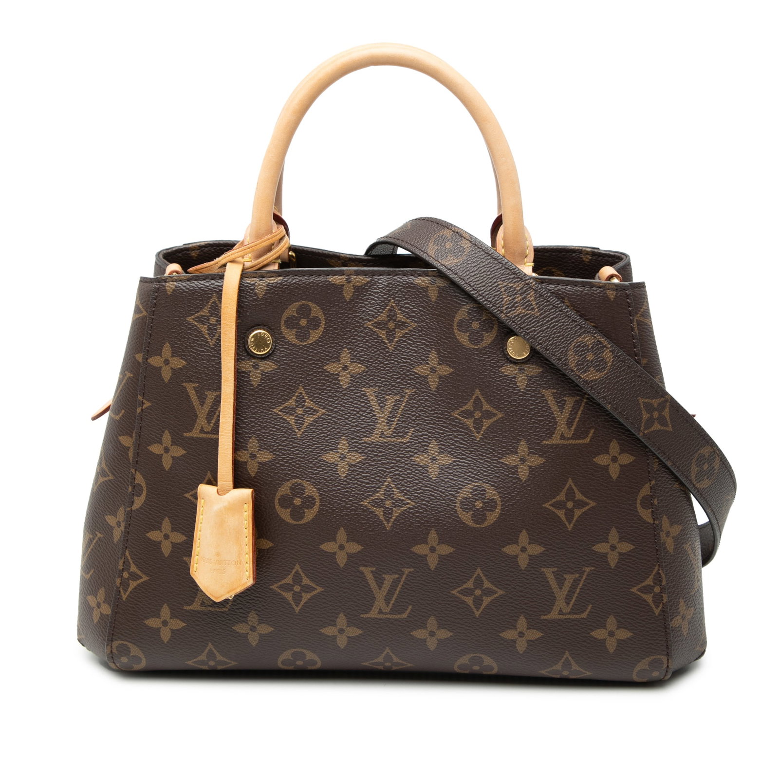 Louis Vuitton Montaigne BB Monogram Canvas Satchel Bag: Louis Vuitton Montaigne BB Monogram Canvas Satchel Bag Louis Vuitton Monogram Montaigne BB handbag with a monogram canvas body, rolled vachetta leather handles, and a detachable shoulder strap. The ba