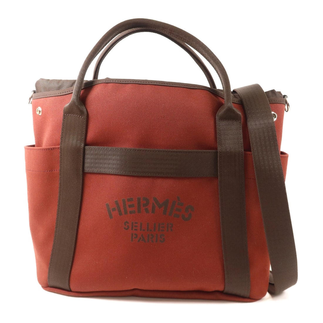 Hermes Grooming 2 Way Shoulder Bag Canvas Rouge H Chocolate PHW: Hermes Grooming 2 Way Shoulder Bag Canvas Rouge H Chocolate PHW Hermes Grooming Bag 2 Way Shoulder Bag in canvas with Rouge H and Chocolate tones. This women's bag features a structured, versatile des