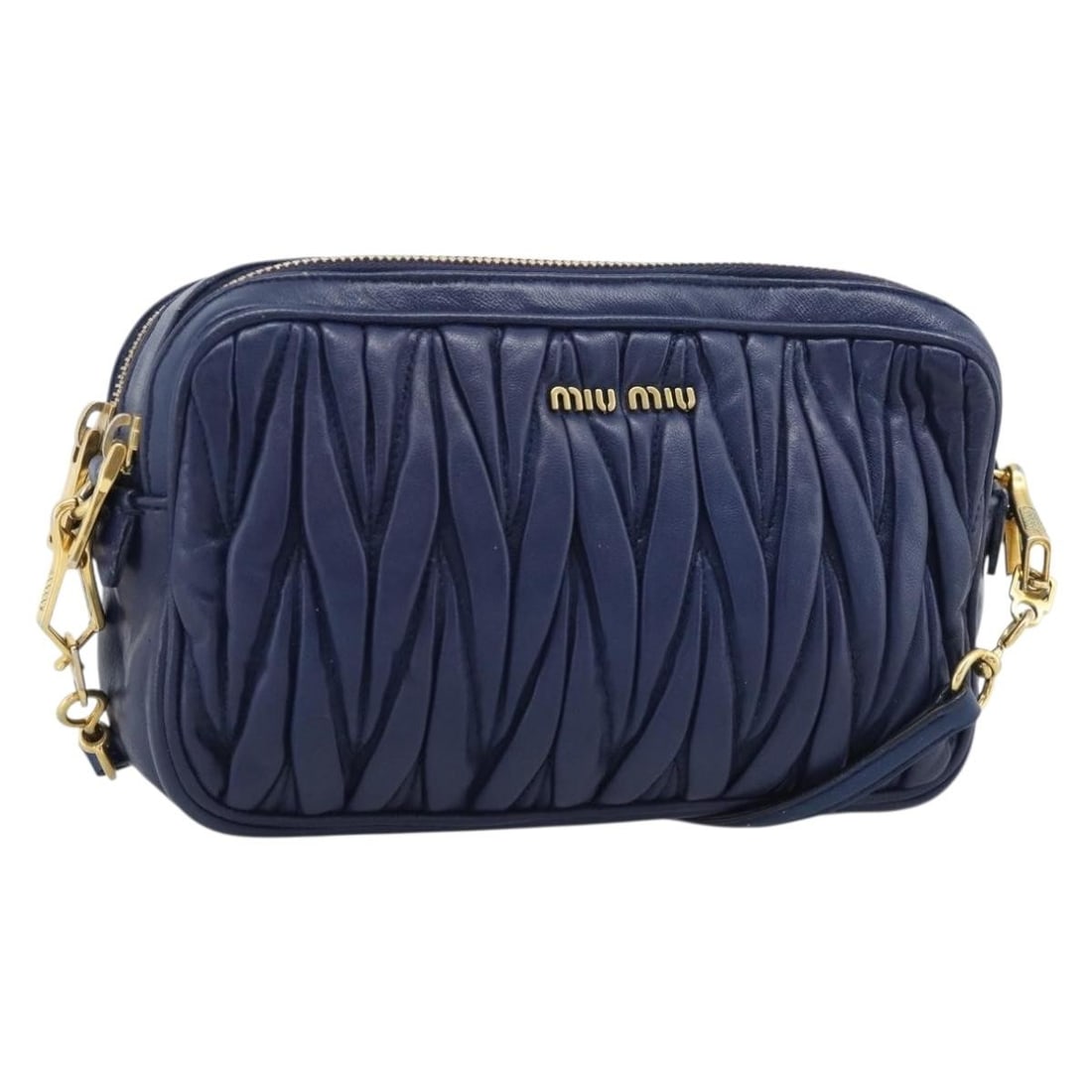 Miu Miu matelasse blue leather shoulder bag gold tone hardware: Miu Miu matelasse blue leather shoulder bag gold tone hardware Blue leather Miu Miu matelasse shoulder bag with gold-tone accents. This women's shoulder bag includes only the item shown; the original 