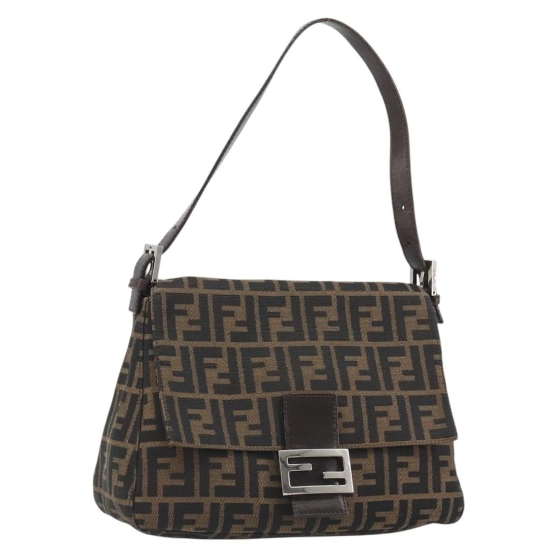 FENDI Mamma Baguette Shoulder Bag Zucca Canvas Brown Silver: FENDI Mamma Baguette Shoulder Bag Zucca Canvas Brown Silver Fendi Mamma Baguette shoulder bag in Zucca canvas with a brown and silver colorway. Made in Italy, it features a shoulder strap with an appr