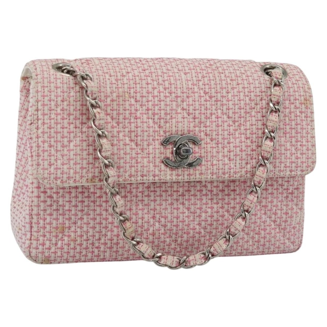 CHANEL Matelasse Canvas Shoulder Bag Pink Silver with Guarantee Card: CHANEL Matelasse Canvas Shoulder Bag Pink Silver with Guarantee Card Chanel Matelasse chain shoulder bag in pink canvas with silver-tone CC detailing. Made in France, this women's shoulder bag include