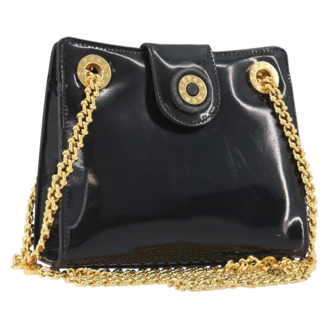 TIFFANY&Co. Patent Leather Shoulder Bag Black Gold Tone Italy: TIFFANY&Co. Patent Leather Shoulder Bag Black Gold Tone Italy Tiffany & Co. chain shoulder bag in black patent leather with gold-tone accents. Made in Italy for women, this shoulder bag is offered wit