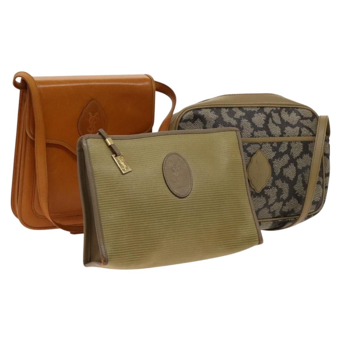 SAINT LAURENT Beige Gold Leather Shoulder Bag 3PC Set Auth: SAINT LAURENT Beige Gold Leather Shoulder Bag 3PC Set Auth This authentic SAINT LAURENT shoulder bag is crafted from premium leather in a stylish beige and gold color combination. Designed for everyda