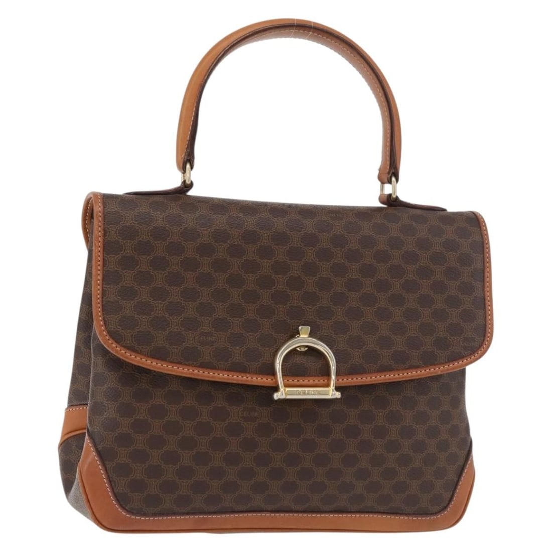 CELINE Macadam Canvas PVC Leather Hand Bag Brown Gold Italy: CELINE Macadam Canvas PVC Leather Hand Bag Brown Gold Italy Celine Macadam canvas hand bag in brown with gold-tone accents, made in Italy. This women's bag features PVC leather construction and includ