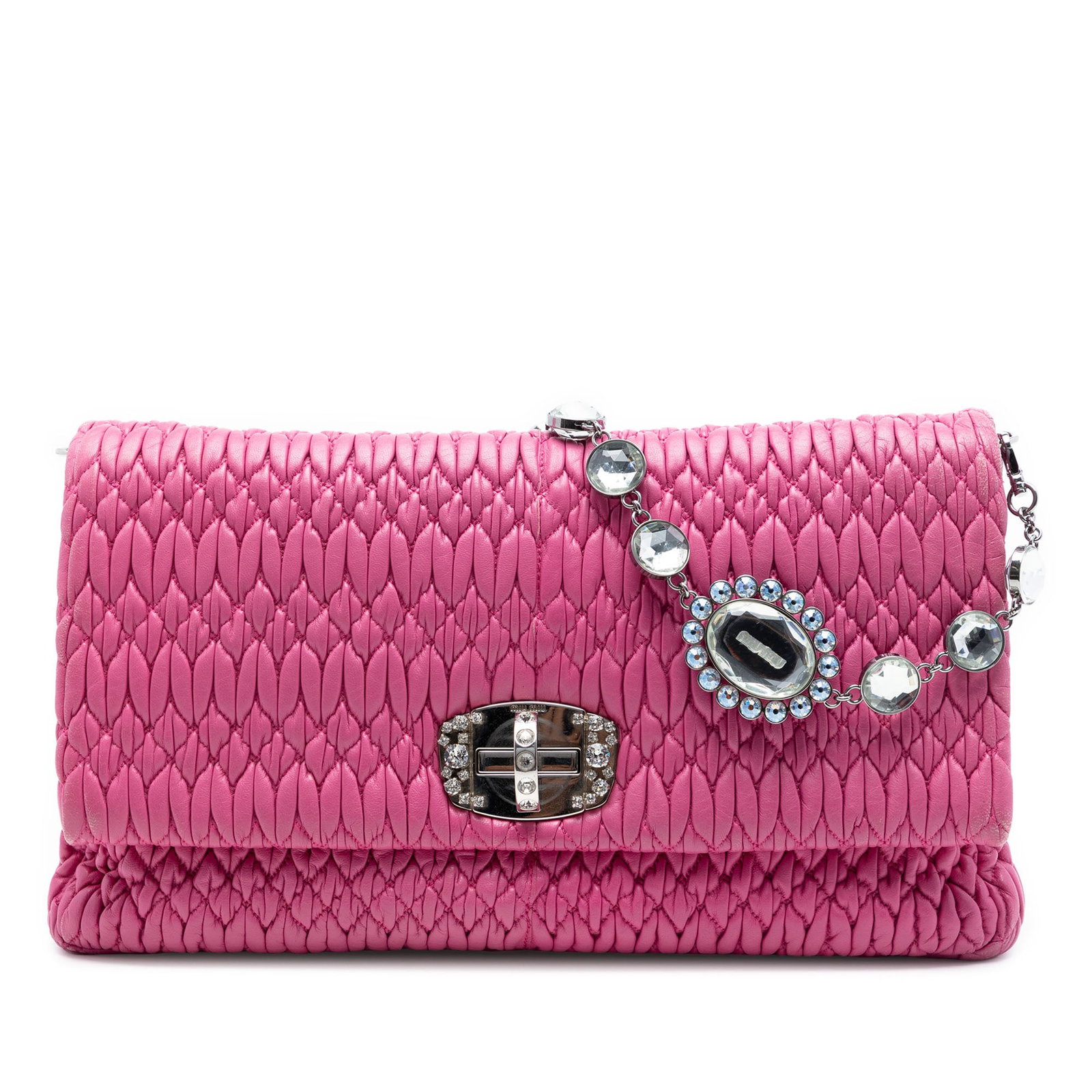 Pink leather satchel Miu Miu Matelasse with crystal chain: Pink leather satchel Miu Miu Matelasse with crystal chain Miu Miu Matelasse Nappa Crystal Chain Satchel in pink leather with a gathered body, front flap, and turn-lock closure. The bag includes a deta