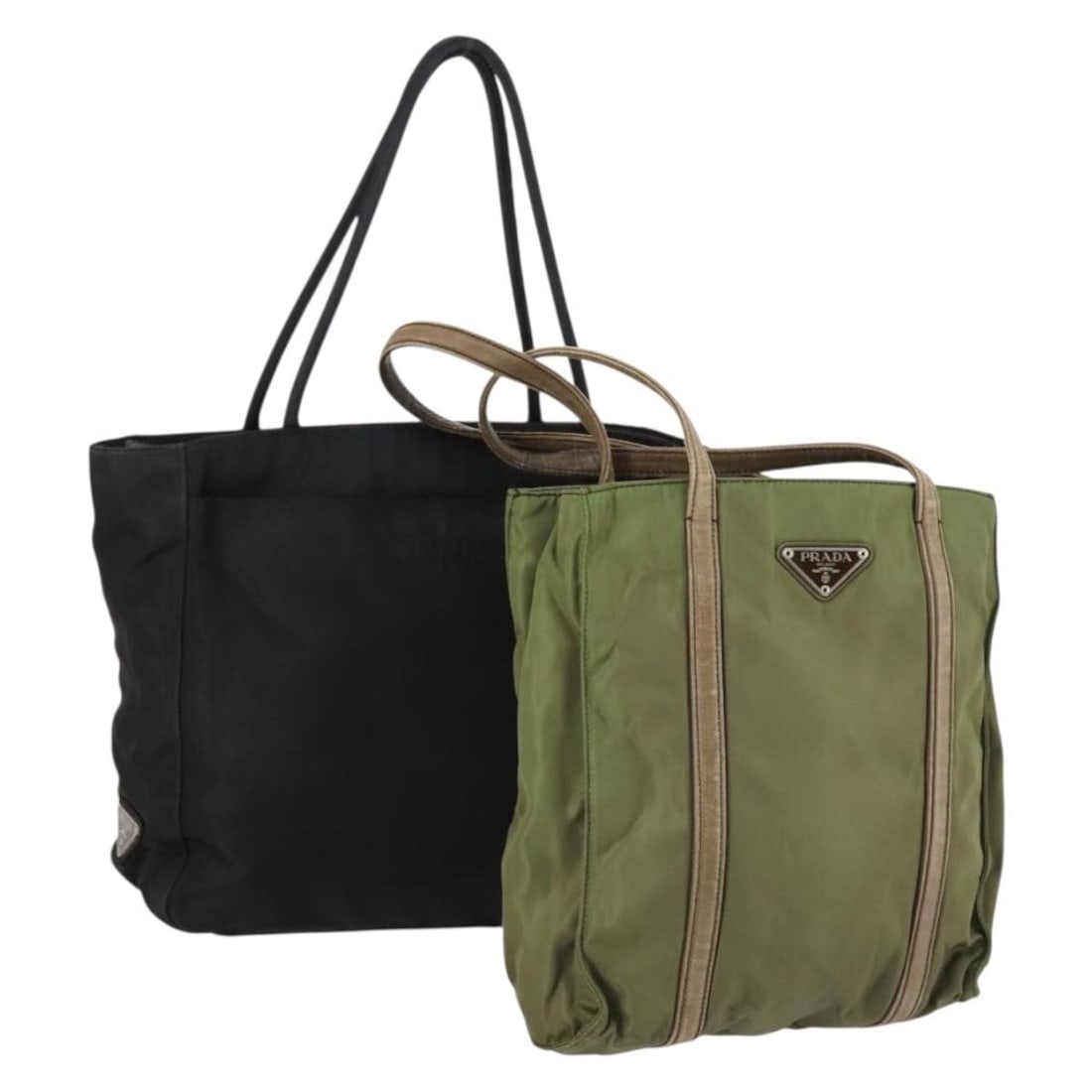 PRADA nylon khaki black tote bag special set: PRADA nylon khaki black tote bag special set This is a set of two PRADA tote bags crafted from nylon in khaki and black colors. Designed for women, both bags are made in Italy and feature the iconic P