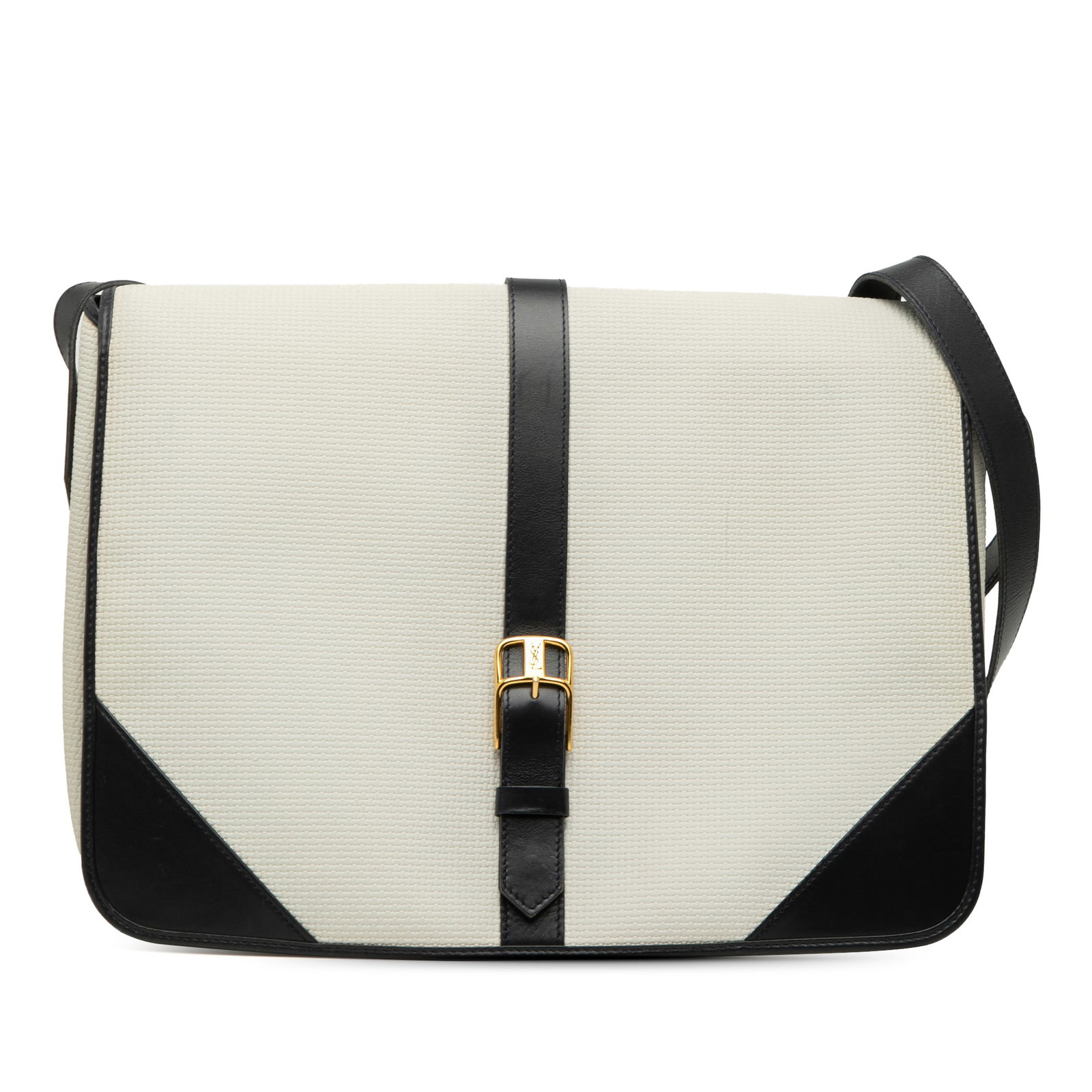 Saint Laurent canvas crossbody bag with leather trim: Saint Laurent canvas crossbody bag with leather trim Saint Laurent leather-trimmed canvas messenger bag with a white canvas body, flat leather shoulder strap, front flap with magnetic snap closure, an