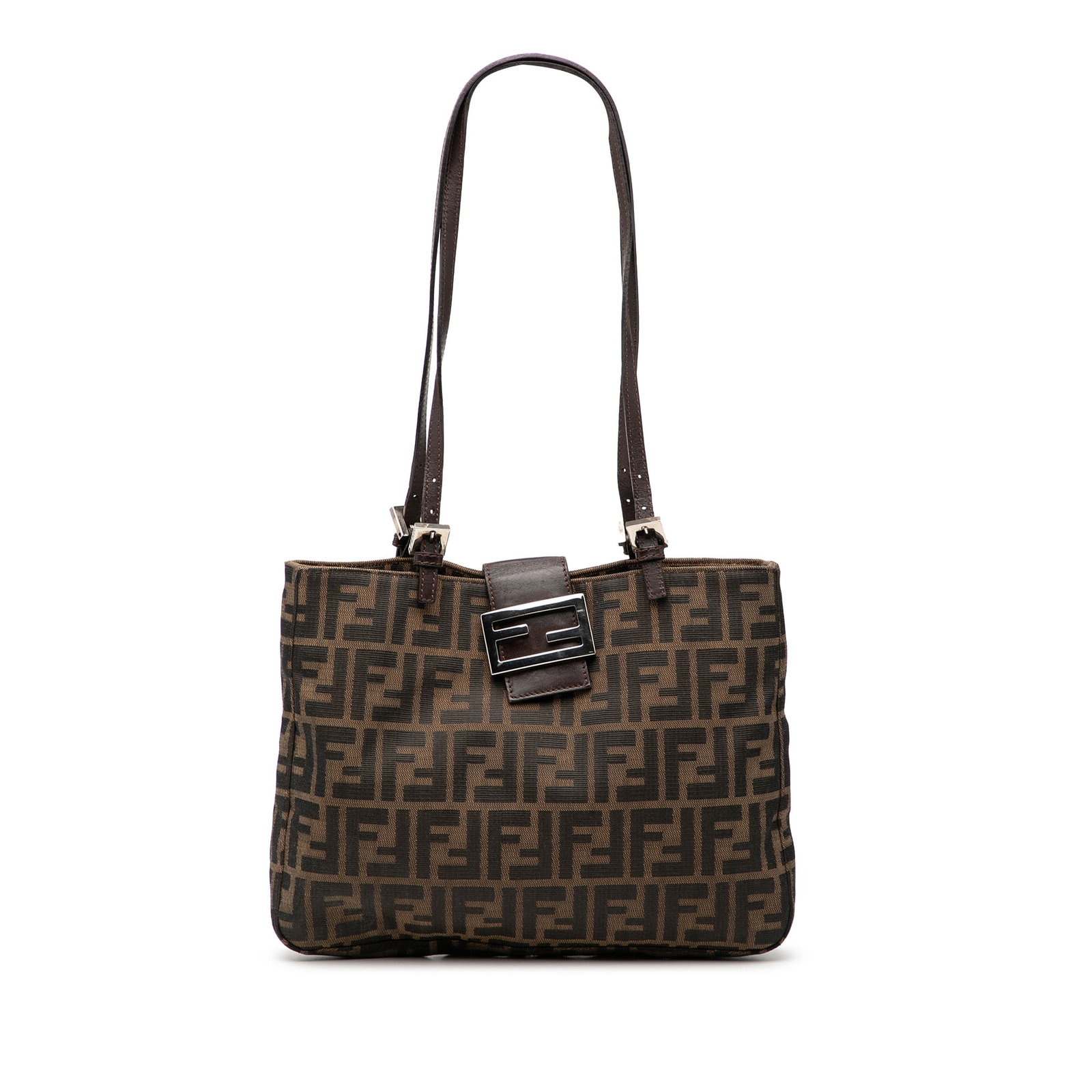 Fendi Brown Zucca Pattern Canvas Shoulder Bag with Leather Straps: Fendi Brown Zucca Pattern Canvas Shoulder Bag with Leather Straps This Fendi Zucca Canvas Shoulder Bag features a brown canvas body with flat leather straps, a top strap with magnetic snap closure, an