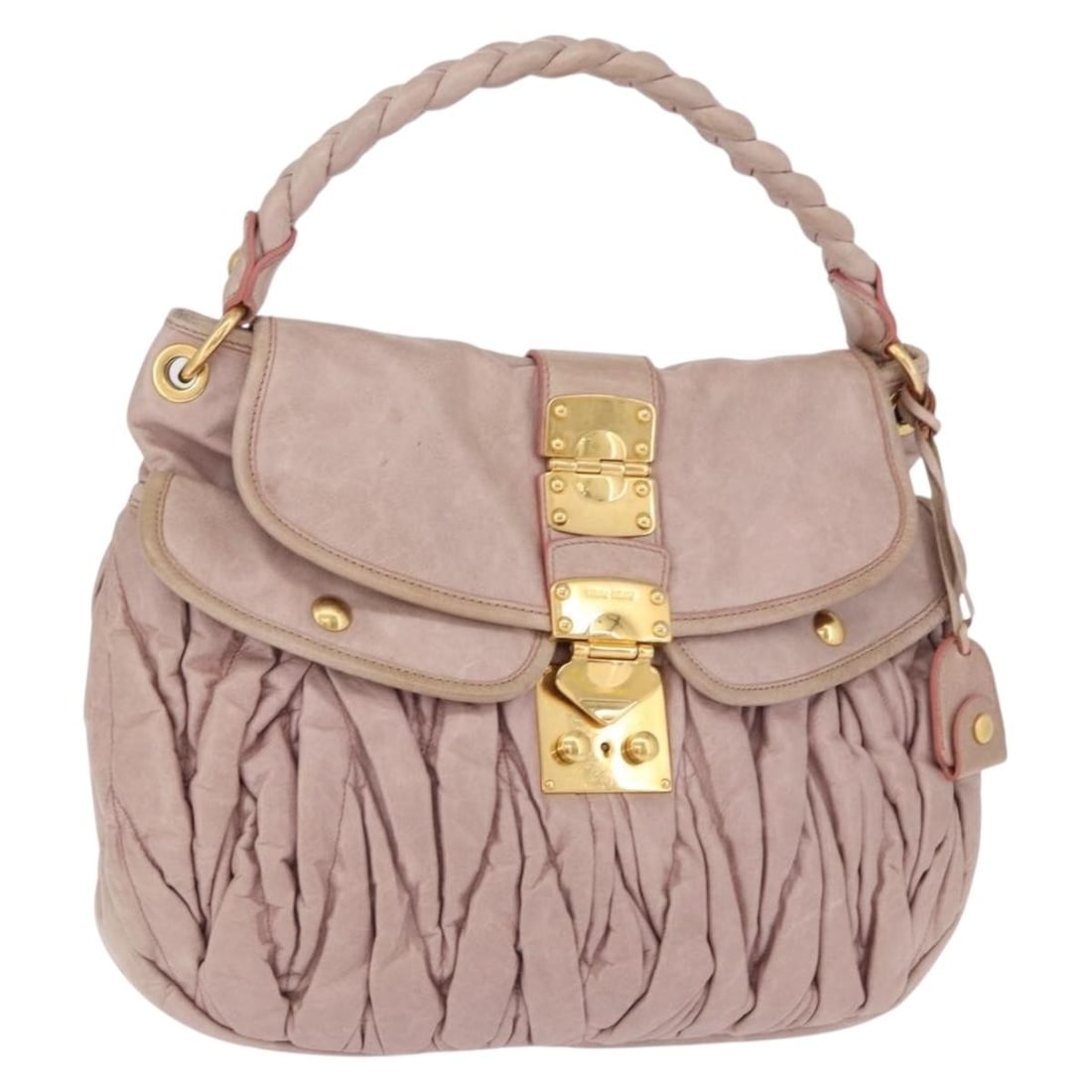 Miu Miu Matelasse Pink Leather Shoulder Bag with Key Clochette: Miu Miu Matelasse Pink Leather Shoulder Bag with Key Clochette Authentic Miu Miu matelasse shoulder bag in pink and gold leather. This women's shoulder bag includes one key and a clochette. Condition 