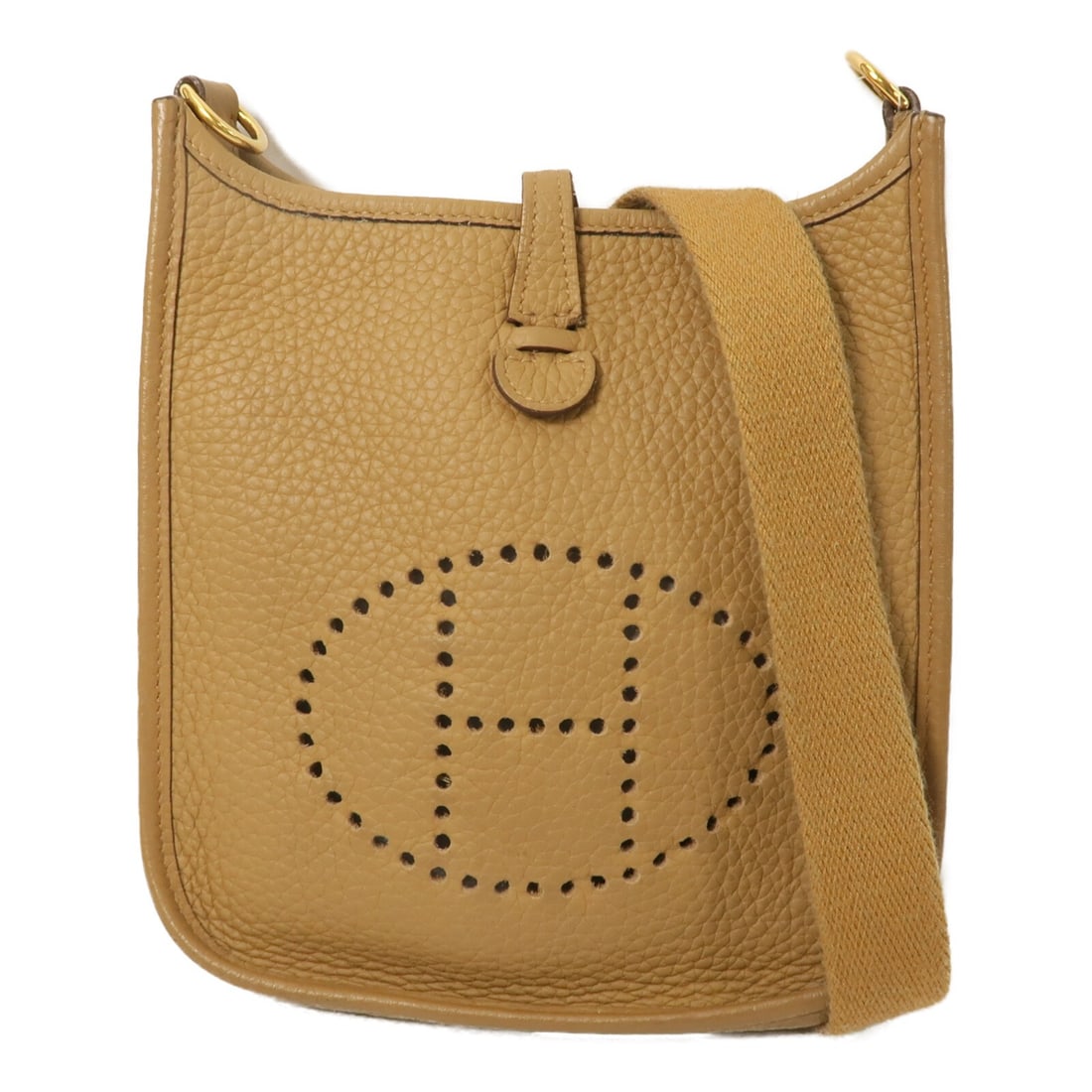 Hermes Evelyne TPM Taurillon Clemence Leather Shoulder Bag Biscuit: Hermes Evelyne TPM Taurillon Clemence Leather Shoulder Bag Biscuit Hermes Evelyne TPM shoulder bag in Biscuit Taurillon Clemence leather with brown calfskin accents. This women's shoulder bag is made 