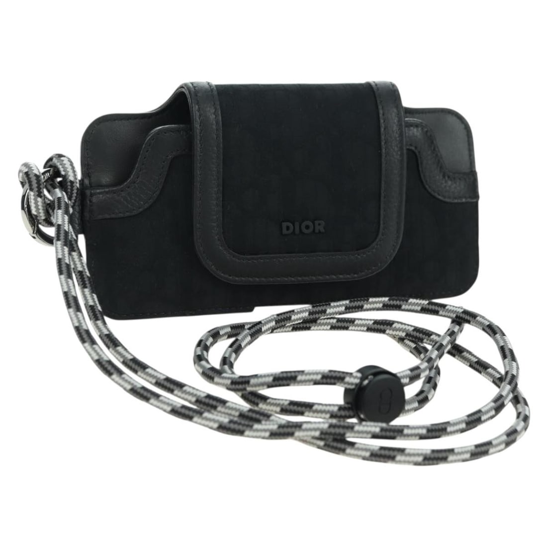 Christian Dior neck pouch in black silver Trotter canvas: Christian Dior neck pouch in black silver Trotter canvas Christian Dior Trotter Canvas neck pouch in black and silver, made in Italy. This pouch features Trotter Canvas exterior material and comes wit