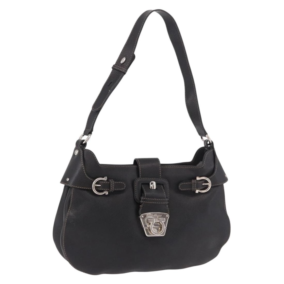 Black Leather Shoulder Bag Salvatore Ferragamo Gancini Silver Tone: Black Leather Shoulder Bag Salvatore Ferragamo Gancini Silver Tone Salvatore Ferragamo Gancini shoulder bag in leather with a black and silver color scheme. Made in Italy, this women's shoulder bag me