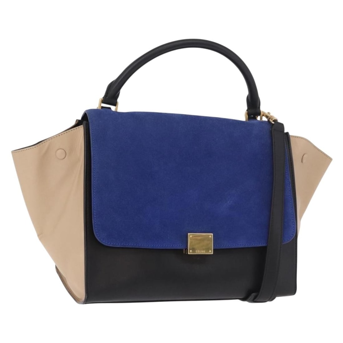 CELINE Trapeze 2way Leather Handbag Black with Shoulder Strap: CELINE Trapeze 2way Leather Handbag Black with Shoulder Strap Celine Trapeze 2-way handbag in black leather with gold-tone accents. Made in Italy, this women's handbag includes a shoulder strap for ha
