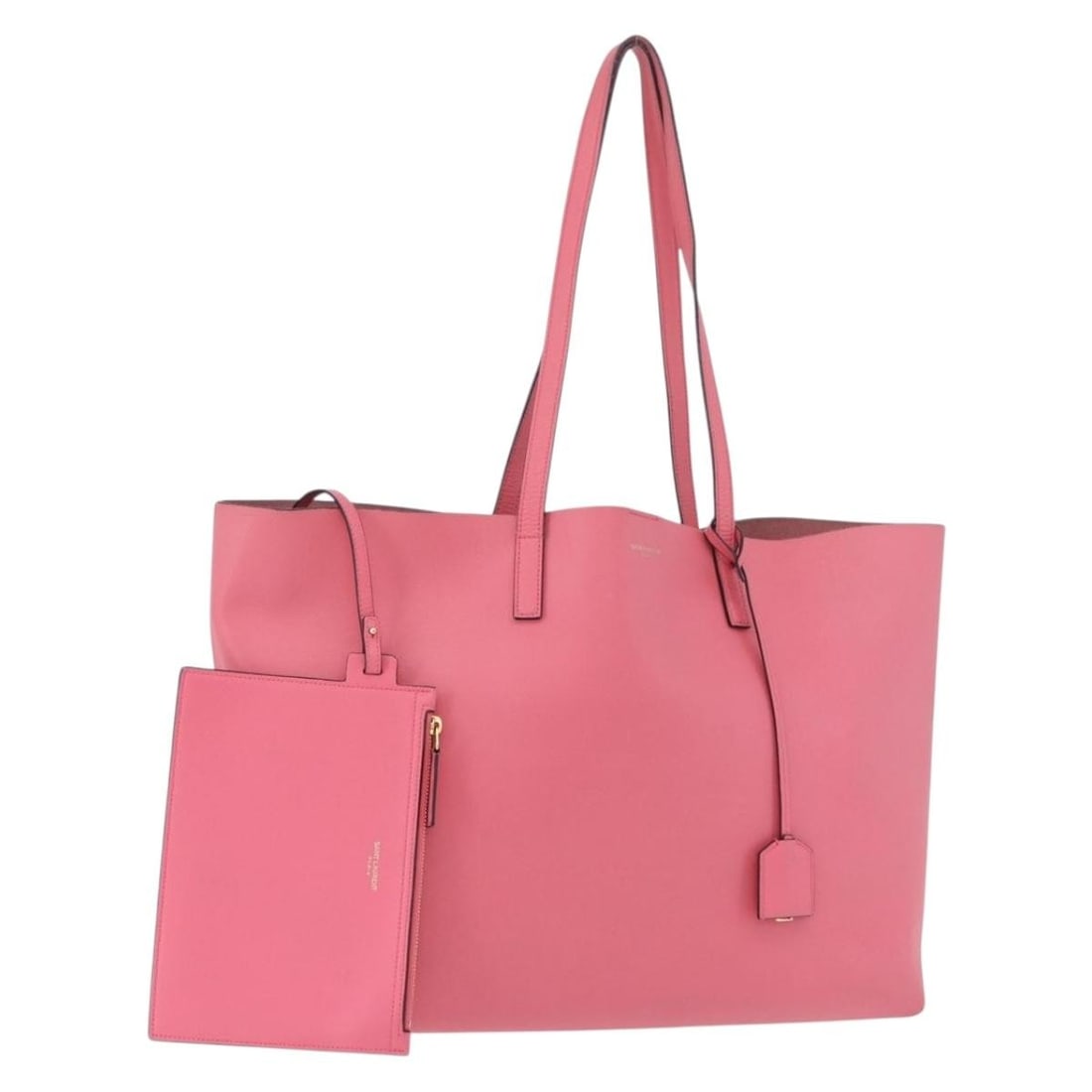 Saint Laurent 394195 Pink Leather Tote Bag with Clochette Pouch: Saint Laurent 394195 Pink Leather Tote Bag with Clochette Pouch Saint Laurent tote bag in pink leather with gold-tone accents. This women's bag includes a clochette and pouch and is made in Italy. Con