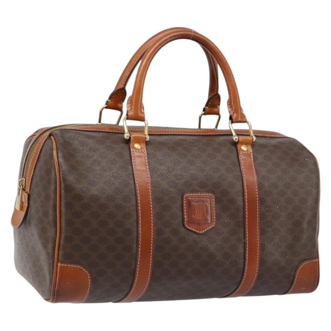CELINE Macadam Brown PVC Leather Handbag Gold Tone Hardware: CELINE Macadam Brown PVC Leather Handbag Gold Tone Hardware Celine Macadam canvas hand bag in brown with gold-tone accents, crafted with PVC leather trim and made in Italy. This women's handbag is off