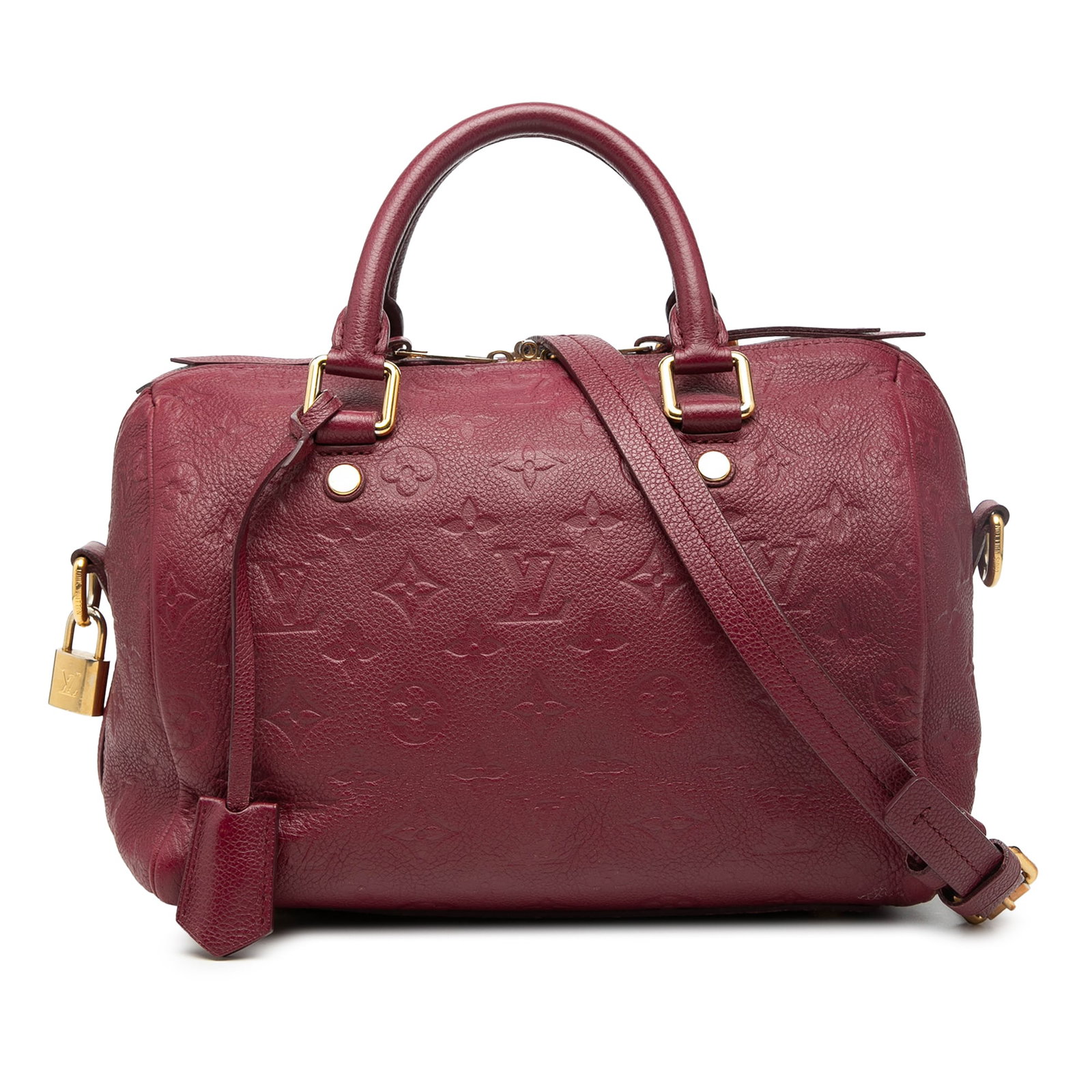 Louis Vuitton Speedy Bandouliere 25 red Monogram Empreinte leather bag: Louis Vuitton Speedy Bandouliere 25 red Monogram Empreinte leather bag Louis Vuitton Monogram Empreinte Speedy Bandouliere 25 handbag crafted in red leather with rolled leather handles, a detachable f