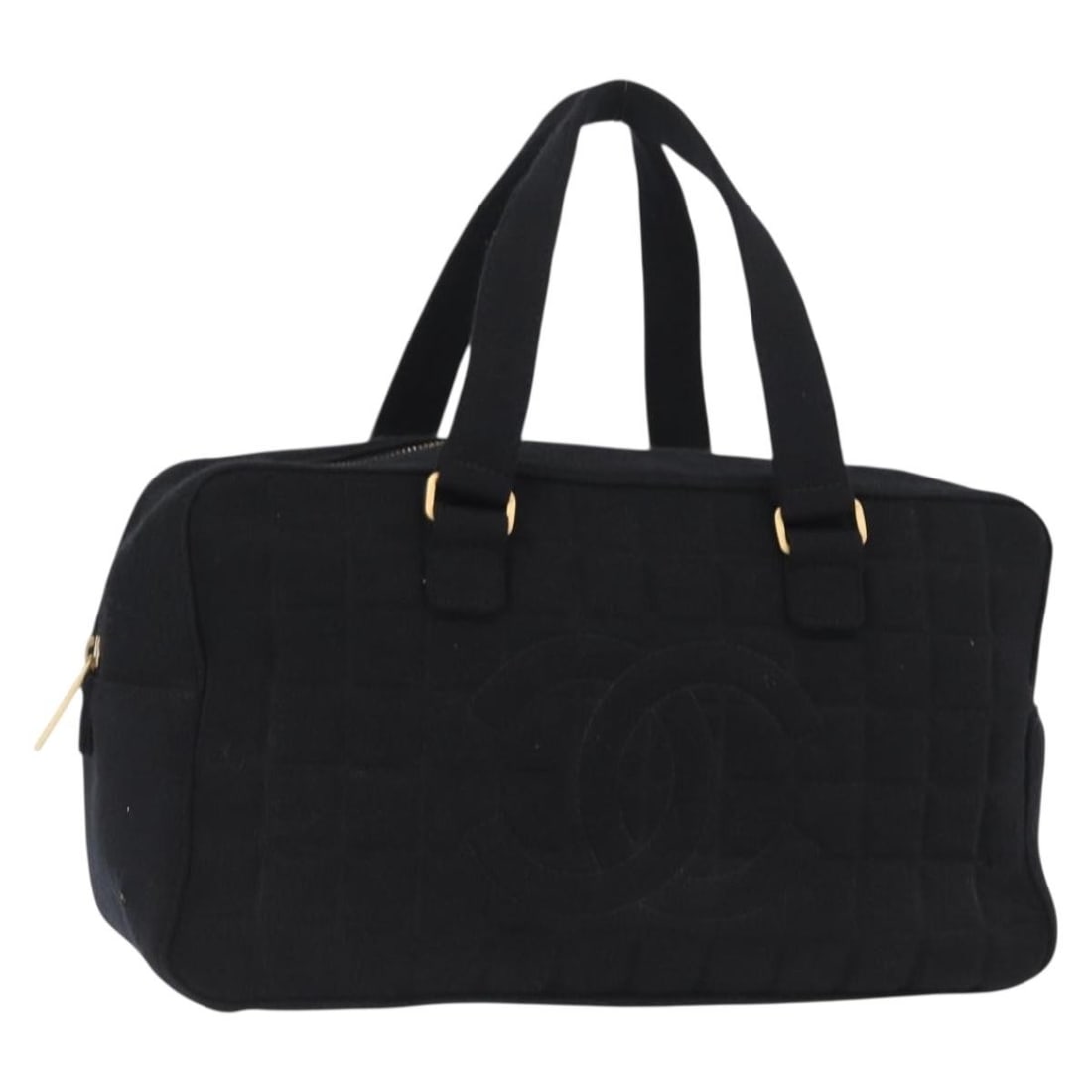 CHANEL Choco Bar Cotton Hand Bag Black Gold CC: CHANEL Choco Bar Cotton Hand Bag Black Gold CC Chanel Choco Bar hand bag in black cotton with gold-tone CC detailing. Made in Italy, this women's bag is offered without the original box or dust bag; o