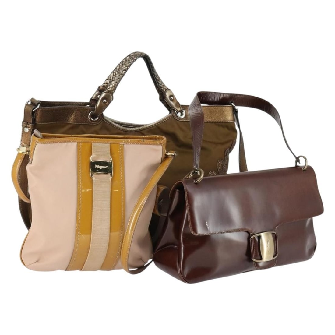 Set of 3 Salvatore Ferragamo Vala Leather and Nylon Handbags Beige Brown: Set of 3 Salvatore Ferragamo Vala Leather and Nylon Handbags Beige Brown This is a Salvatore Ferragamo Vala handbag set crafted from leather and nylon in beige and brown. The set includes three handba