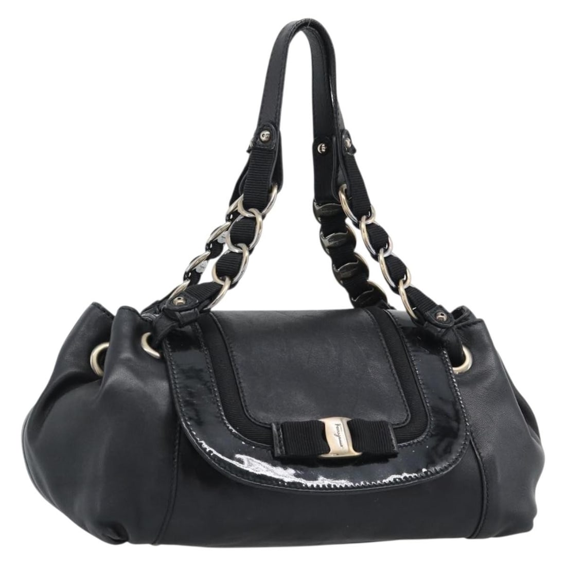 Salvatore Ferragamo Vara Chain Leather Handbag Black Italy: Salvatore Ferragamo Vara Chain Leather Handbag Black Italy Authentic Salvatore Ferragamo Vara ribbon chain handbag in black leather. This women's handbag is made in Italy and features a black and silv
