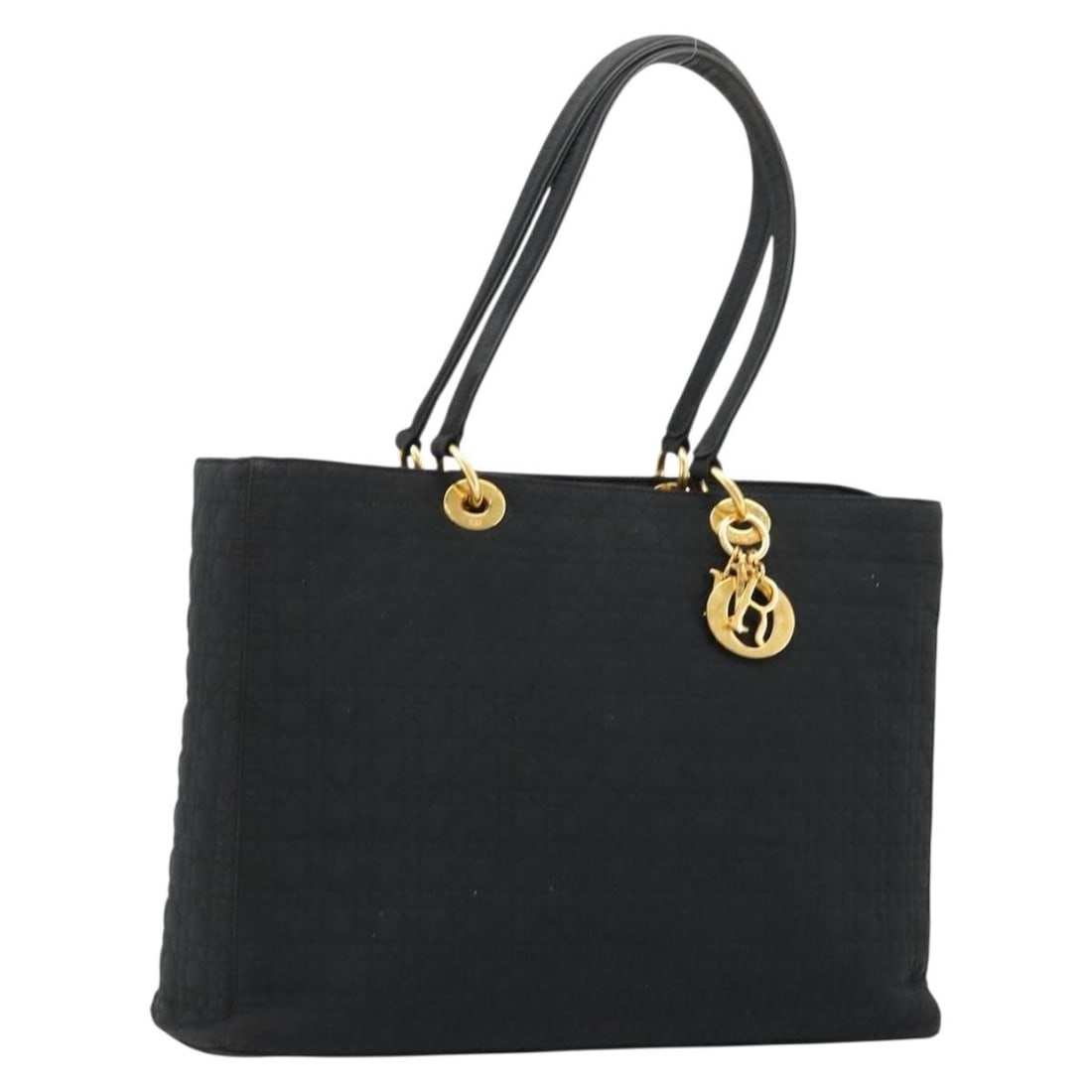 Christian Dior Lady Dior Cannage Nylon Tote Bag Black Gold Charm: Christian Dior Lady Dior Cannage Nylon Tote Bag Black Gold Charm A Christian Dior Lady Dior tote bag in black and gold nylon, featuring the Canage design. It includes a charm accessory and was made in
