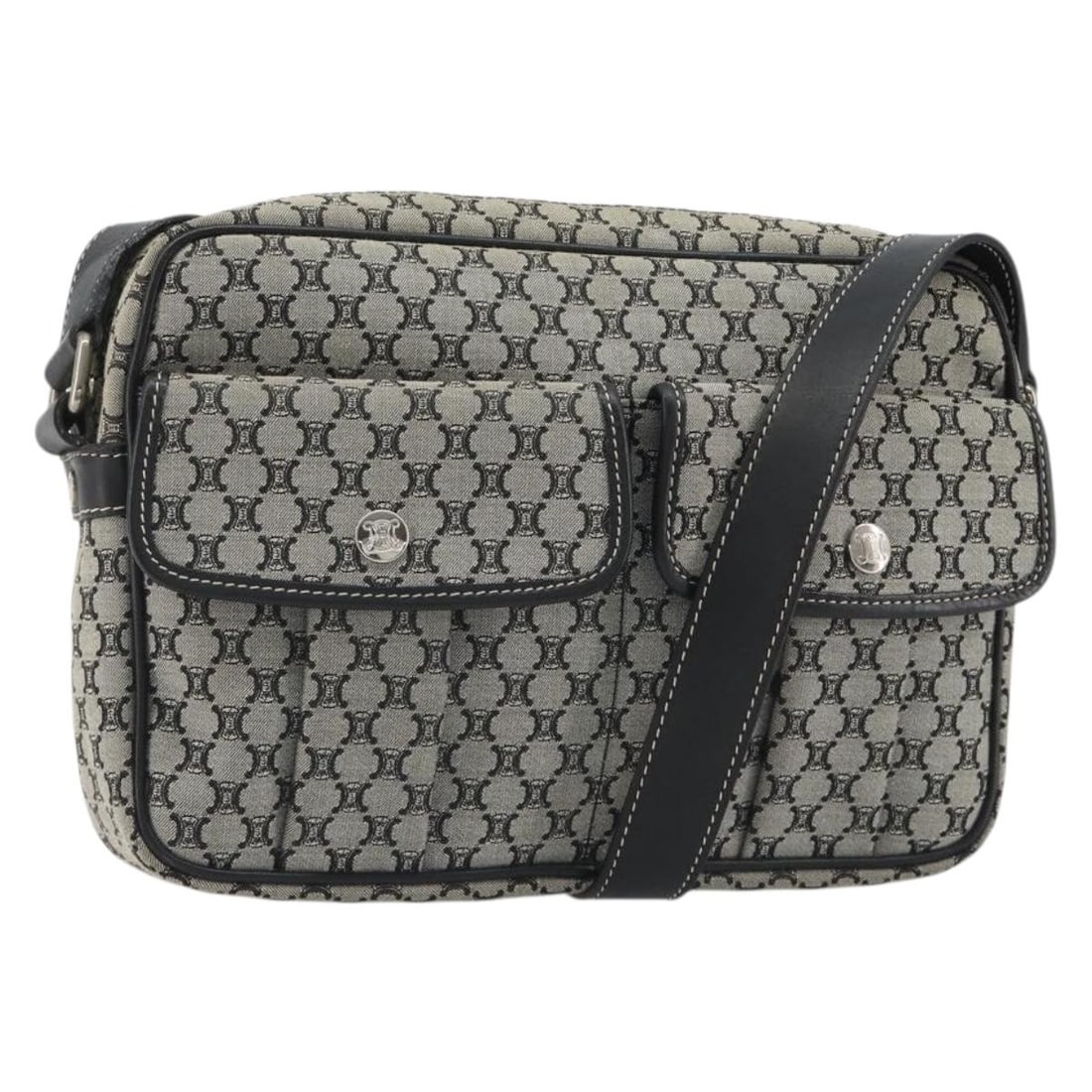 CELINE Macadam Shoulder Bag in Navy Canvas with Silver Tone: CELINE Macadam Shoulder Bag in Navy Canvas with Silver Tone Authentic CELINE shoulder bag in navy and silver Macadam canvas. This women's bag is made in Italy and features an adjustable shoulder strap
