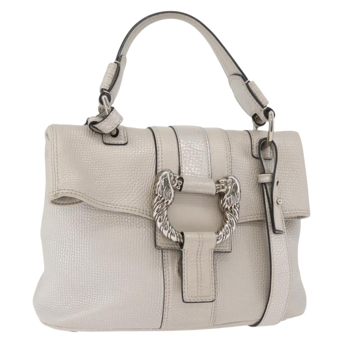 BVLGARI Silver Leather 2way Handbag with Shoulder Strap: BVLGARI Silver Leather 2way Handbag with Shoulder Strap Authentic BVLGARI 2-way handbag in silver leather with top handles and a removable shoulder strap. Made in Italy, this women's bag shows heavy s