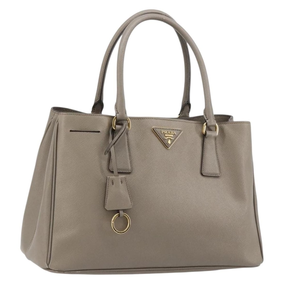PRADA Galleria Saffiano Leather Hand Bag Gray Gold Clochette: PRADA Galleria Saffiano Leather Hand Bag Gray Gold Clochette Prada Galleria handbag in gray Saffiano leather with gold-tone accents. Made in Italy, this women's handbag includes a clochette. Condition