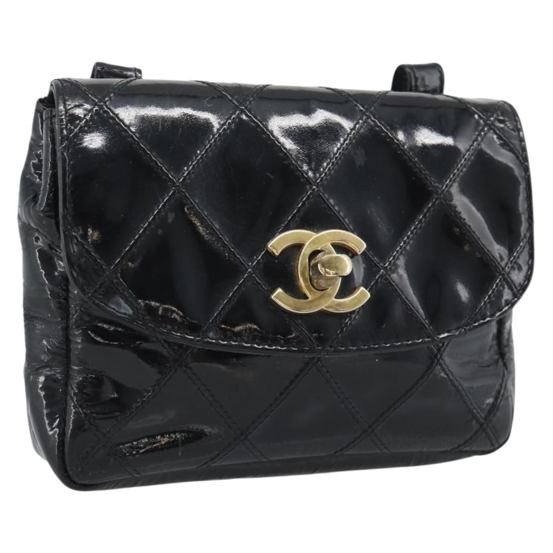CHANEL Patent Leather Waist Bag Black Gold Italy: CHANEL Patent Leather Waist Bag Black Gold Italy Authentic CHANEL bicolore waist bag in black and gold patent leather. This women's bag is made in Italy and shows heavy use consistent with rank C cond