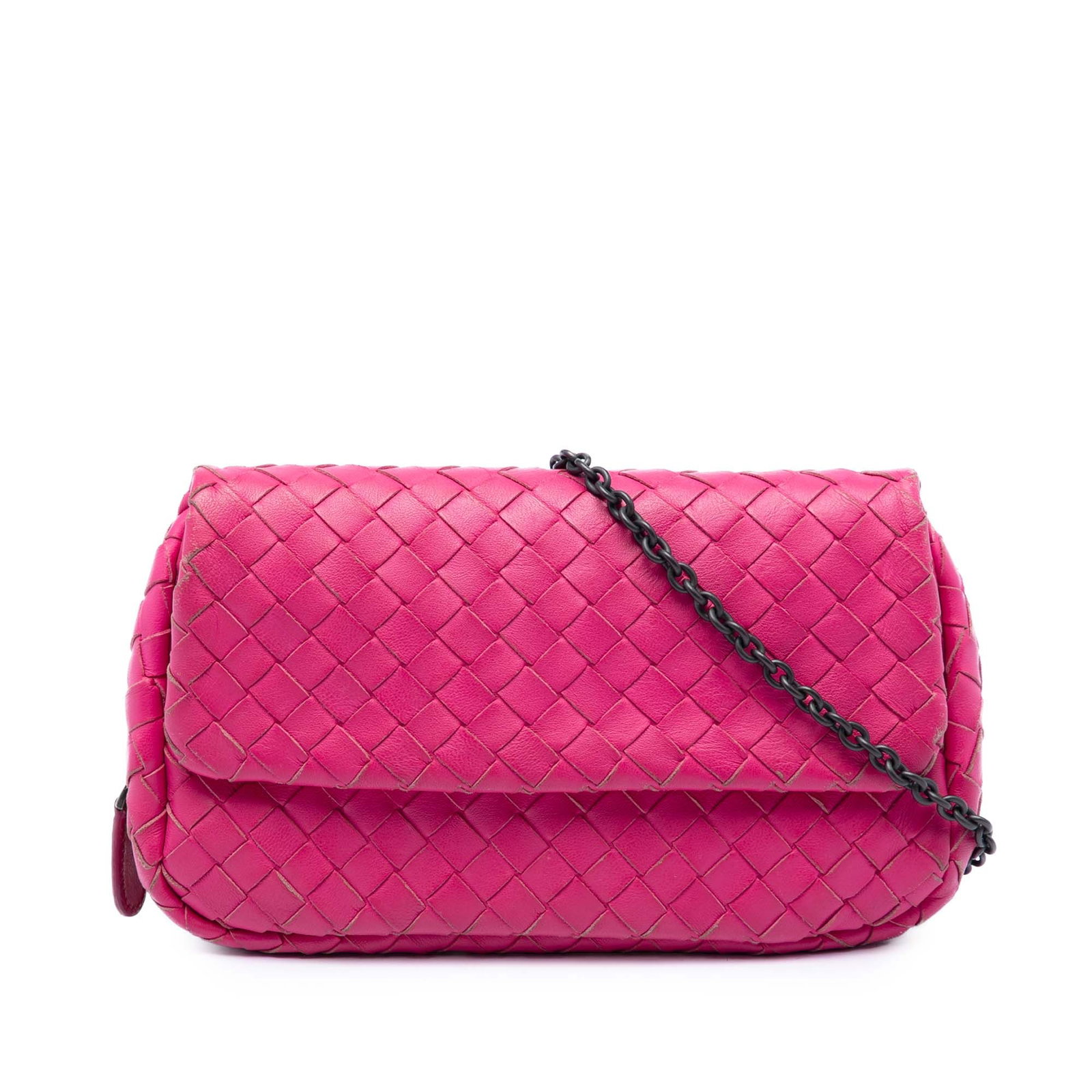 Bottega Veneta Mini Intrecciato Nappa Leather Chain Flap Crossbody: Bottega Veneta Mini Intrecciato Nappa Leather Chain Flap Crossbody Bottega Veneta Mini Nappa Intrecciato Expandable Chain Flap Crossbody in pink leather with the brand's signature woven body. This cro