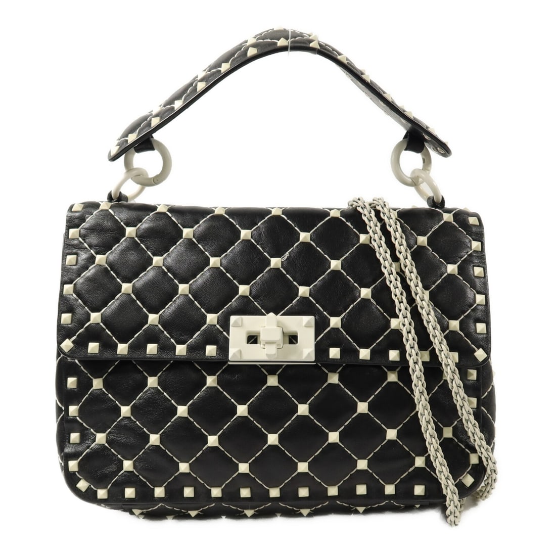 Valentino Rockstud Spik Calfskin 2way Bag Black White: Valentino Rockstud Spik Calfskin 2way Bag Black White Valentino Rockstud Spik 2-way shoulder bag in black and white calfskin leather. Made in Italy, this women's bag features a turn-lock closure, an i