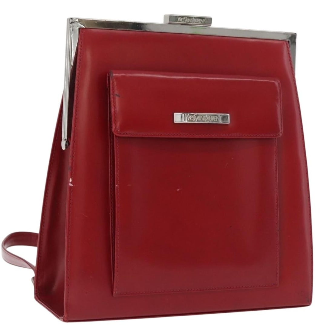Saint Laurent Red Leather Womens Backpack Silver Tone: Saint Laurent Red Leather Womens Backpack Silver Tone Saint Laurent women's leather backpack in red with silver-tone accents, made in Italy. This compact backpack is offered without the original item 