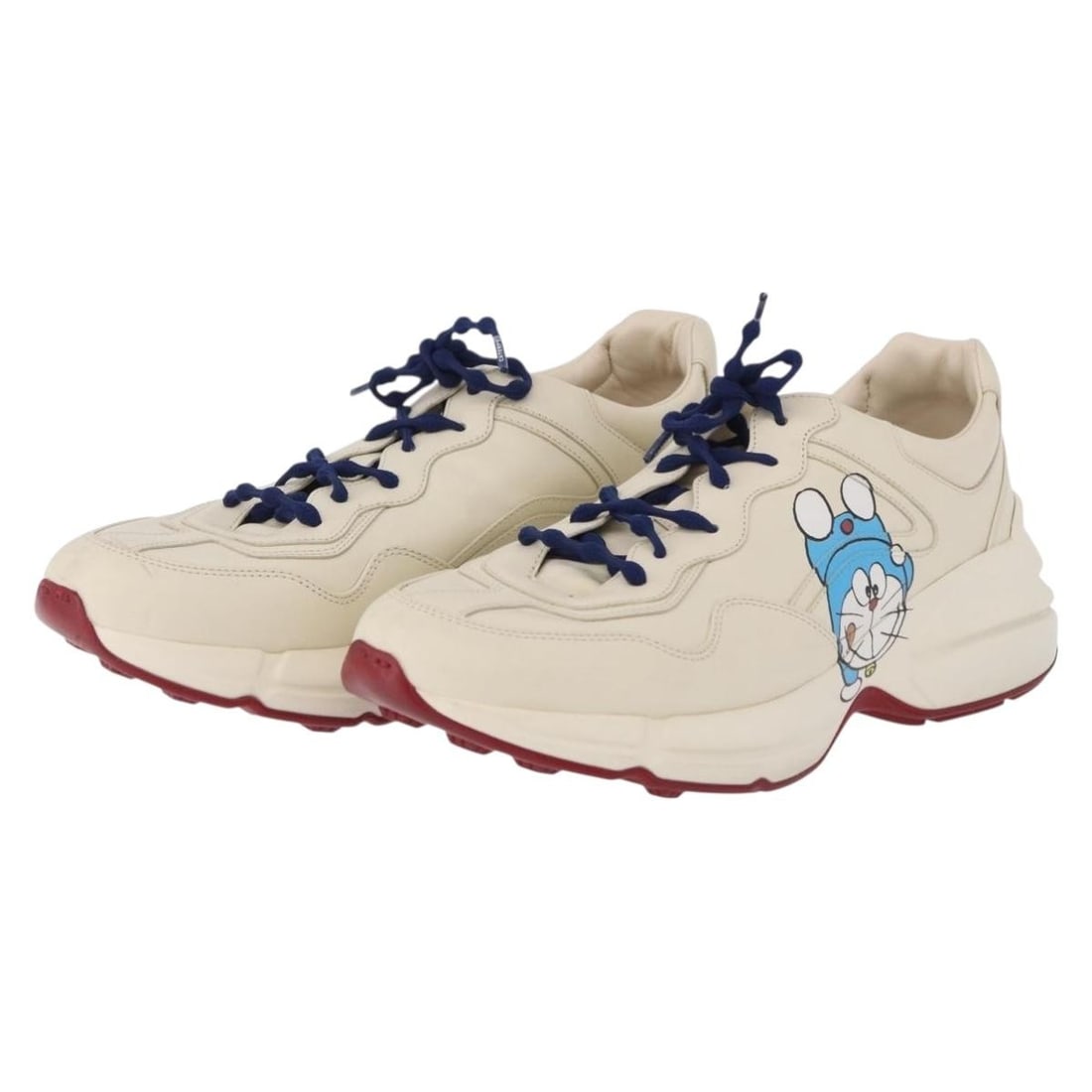 Gucci 655025 leather sneakers white blue with dust bag: Gucci 655025 leather sneakers white blue with dust bag Gucci Doraemon women's sneakers in white and blue leather. Made in Italy, this pair includes a dust bag. Condition is rated B with reasonable wea