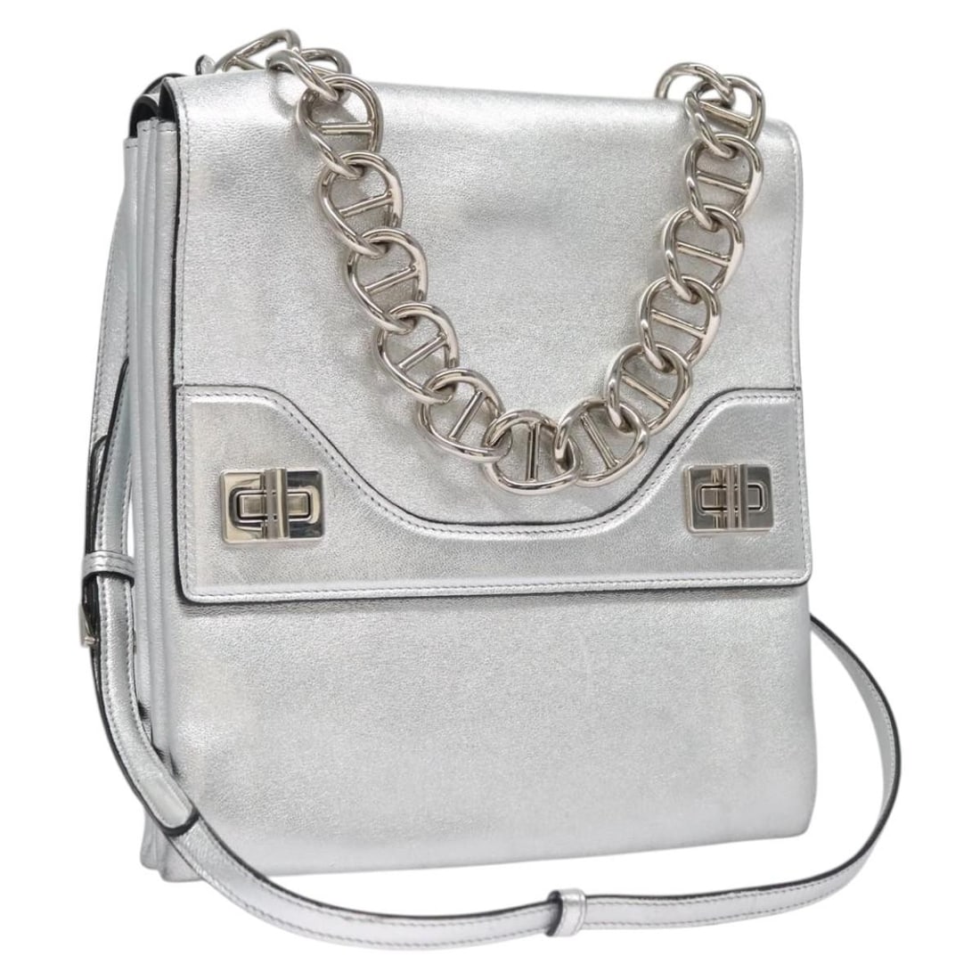 PRADA BD055AV silver leather 2way chain handbag: PRADA BD055AV silver leather 2way chain handbag Authentic Prada 2-way chain handbag crafted in silver leather. This women's bag includes a dust bag and features a versatile design with both top handle