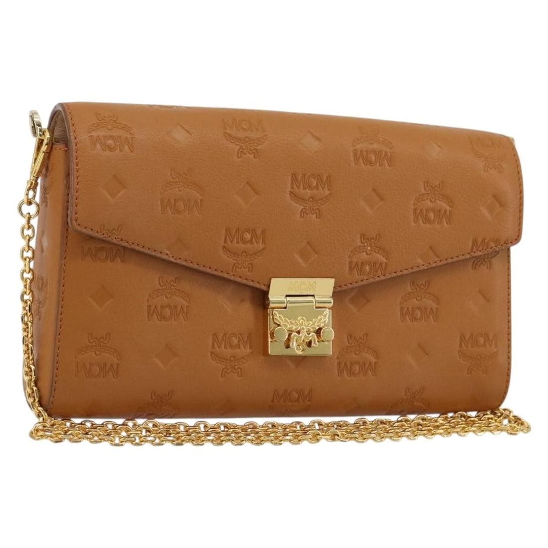 MCM Vicetos Logogram Leather Shoulder Bag Brown Gold Tone: MCM Vicetos Logogram Leather Shoulder Bag Brown Gold Tone MCM Vicetos logogram chain shoulder bag in brown leather with gold-tone detailing. This women's shoulder bag includes a dust bag and shows rea