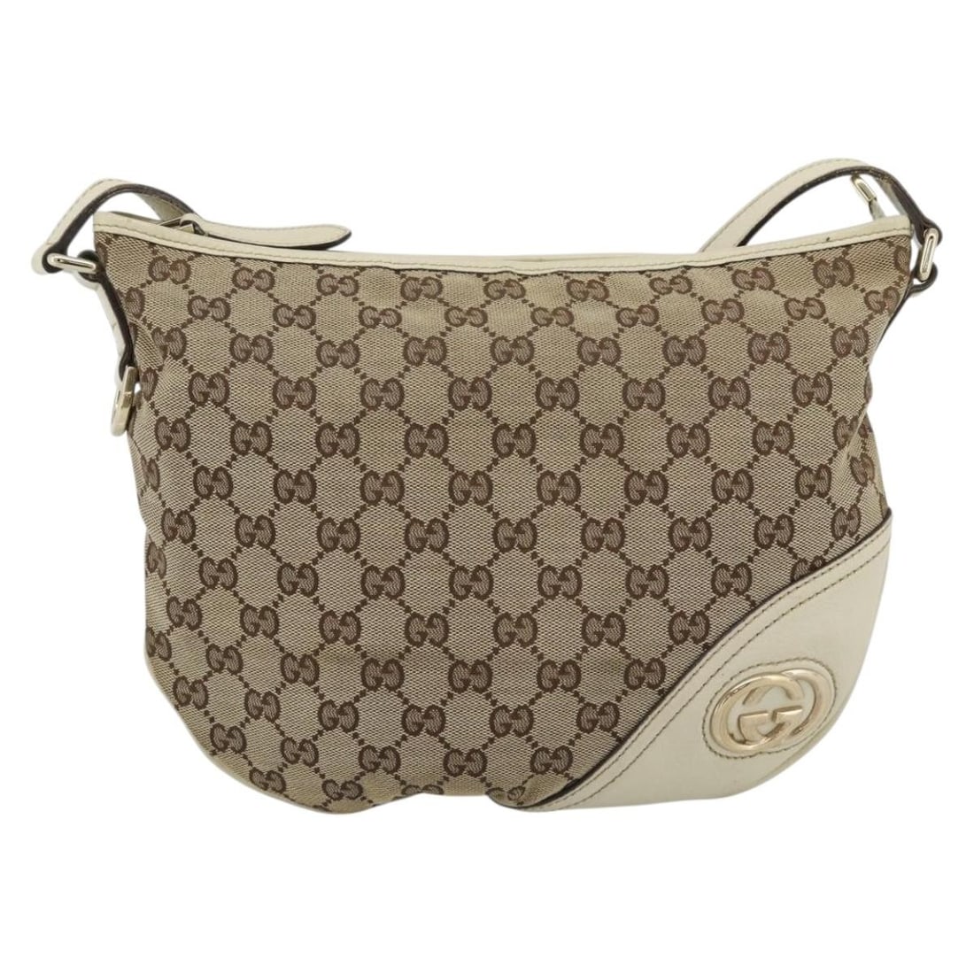Gucci Britt Half Moon Hobo Bag Beige Canvas White Leather: Gucci Britt Half Moon Hobo Bag Beige Canvas White Leather Gucci Britt Half Moon Hobo bag in GG canvas with white leather trim. Designed for women, it is presented in beige and measures 5 cm x 23 cm x 