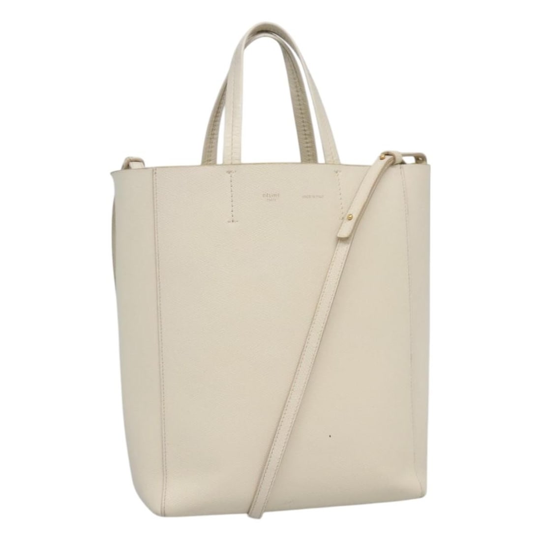 CELINE White Leather 2way Handbag with Shoulder Strap: CELINE White Leather 2way Handbag with Shoulder Strap Celine 2-way white leather handbag for women, made in Italy. This heavily used bag includes a shoulder strap and shows visible wear throughout, in