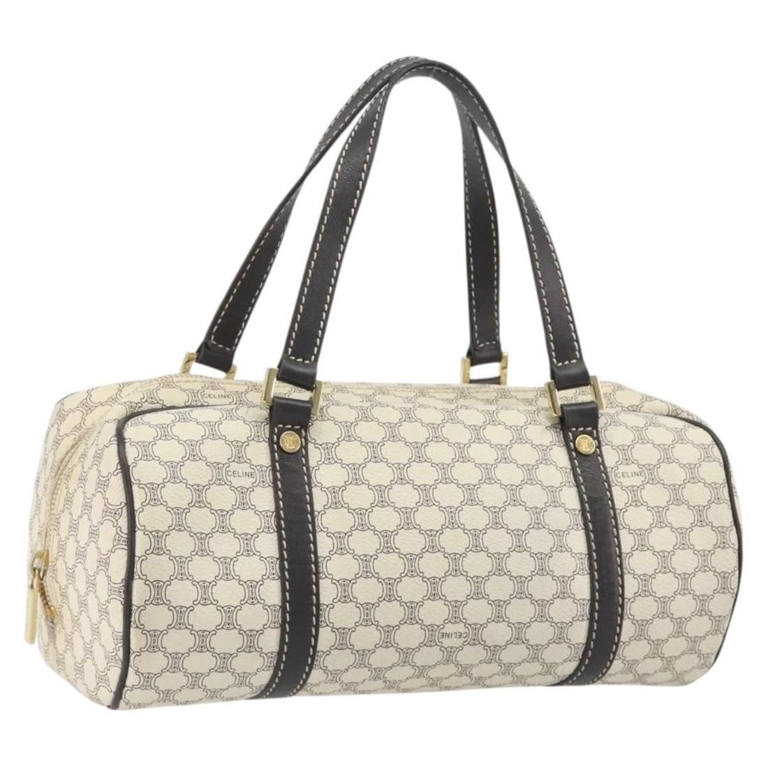 CELINE Macadam PVC Leather Handbag Ivory Gold Italy: CELINE Macadam PVC Leather Handbag Ivory Gold Italy Celine Macadam canvas hand bag crafted in PVC leather with an ivory and gold colorway. Made in Italy, this women's bag is offered without the origin