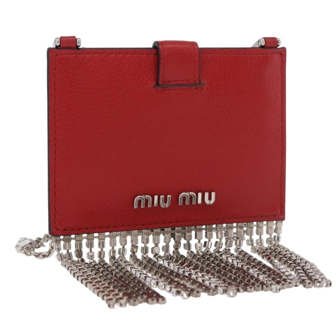 Miu Miu Red Leather Card Case with Chain Silver Tone: Miu Miu Red Leather Card Case with Chain Silver Tone Miu Miu chain shoulder card case in red leather with silver-tone accents. This women's card case was made in Italy and comes with a dust bag and it