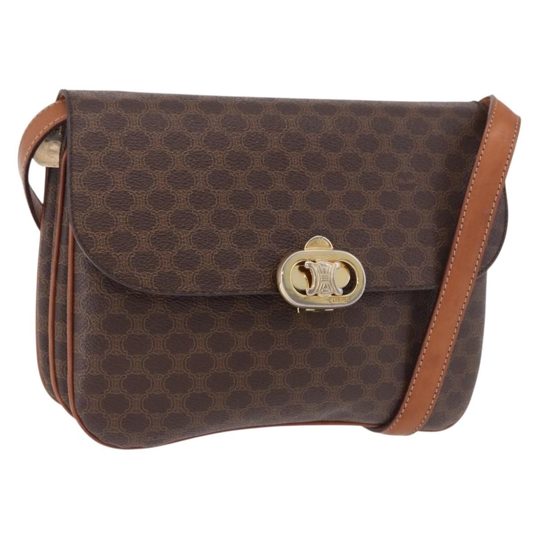 CELINE Macadam PVC Leather Shoulder Bag Brown Gold Tone: CELINE Macadam PVC Leather Shoulder Bag Brown Gold Tone Celine Macadam shoulder bag in brown PVC leather and Macadam canvas with gold-tone accents. Made in Italy, this women's shoulder bag includes on