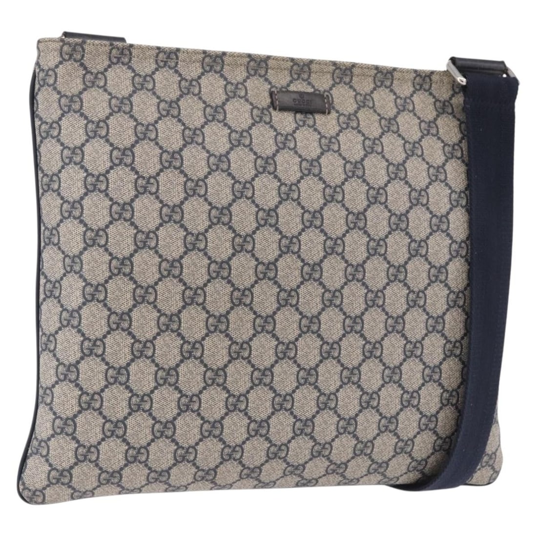 Gucci 201446 GG Supreme PVC Leather Shoulder Bag Navy Silver: Gucci 201446 GG Supreme PVC Leather Shoulder Bag Navy Silver Gucci GG Supreme shoulder bag in navy and silver PVC leather with GG canvas. Made in Italy, this women's shoulder bag features an adjustabl