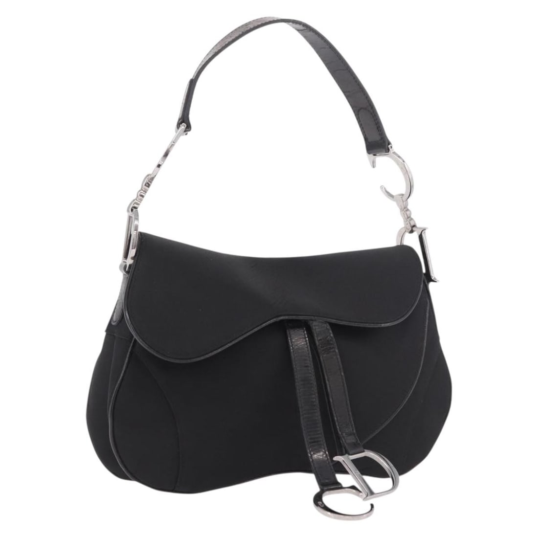 Christian Dior Saddle Nylon Shoulder Bag Black Silver Tone: Christian Dior Saddle Nylon Shoulder Bag Black Silver Tone Christian Dior Saddle shoulder bag in black nylon with silver-tone accents, made in Italy. This women's bag includes an adjustable shoulder s