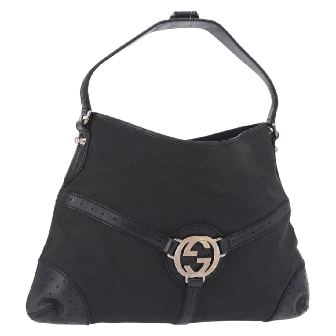 GUCCI 114879 Interlocking Canvas Shoulder Bag Black Silver: GUCCI 114879 Interlocking Canvas Shoulder Bag Black Silver Authentic Gucci Interlocking shoulder bag in black canvas with silver-tone accents. This women's bag is made in Italy and features a slim pro