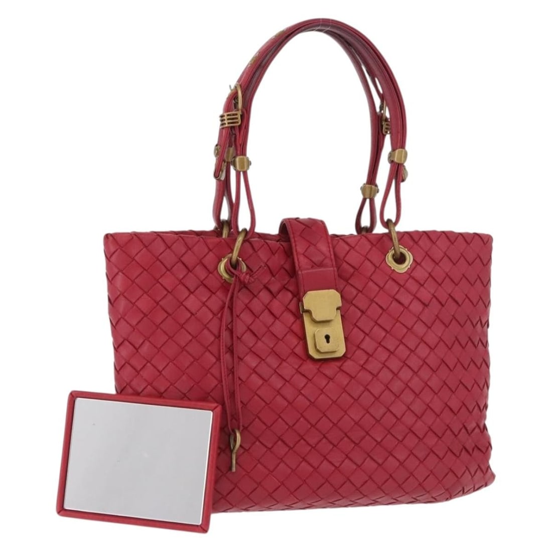 Bottega Veneta Intrecciato Red Leather Handbag with Key Italy: Bottega Veneta Intrecciato Red Leather Handbag with Key Italy Bottega Veneta Intrecciato hand bag in red leather with gold-tone accents. Made in Italy, this women's bag includes one key. Condition is 