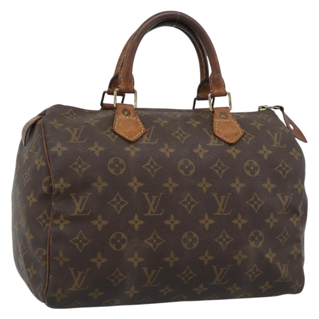 Louis Vuitton M41526 Speedy 30 Monogram Canvas Handbag: Louis Vuitton M41526 Speedy 30 Monogram Canvas Handbag Louis Vuitton Speedy 30 handbag in Monogram canvas with padlock and one key. Made in France. This heavily used bag shows notable wear throughout,