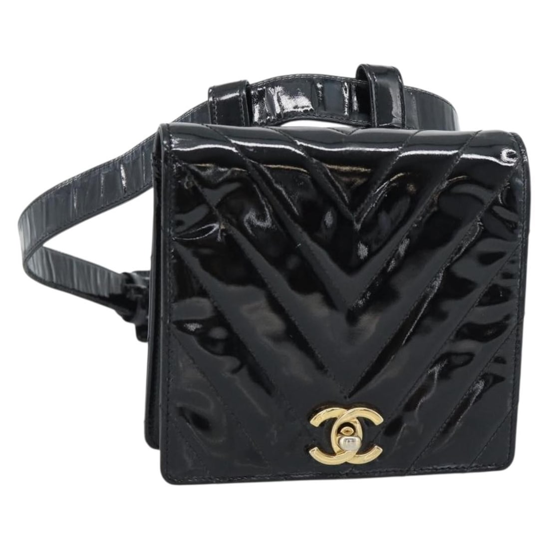 CHANEL CC Patent Leather Waist Bag Black Gold Tone: CHANEL CC Patent Leather Waist Bag Black Gold Tone Vintage CHANEL V Stitch waist bag in black patent leather with gold-tone CC detailing. Made in Italy, this women's bag is offered in heavily used con