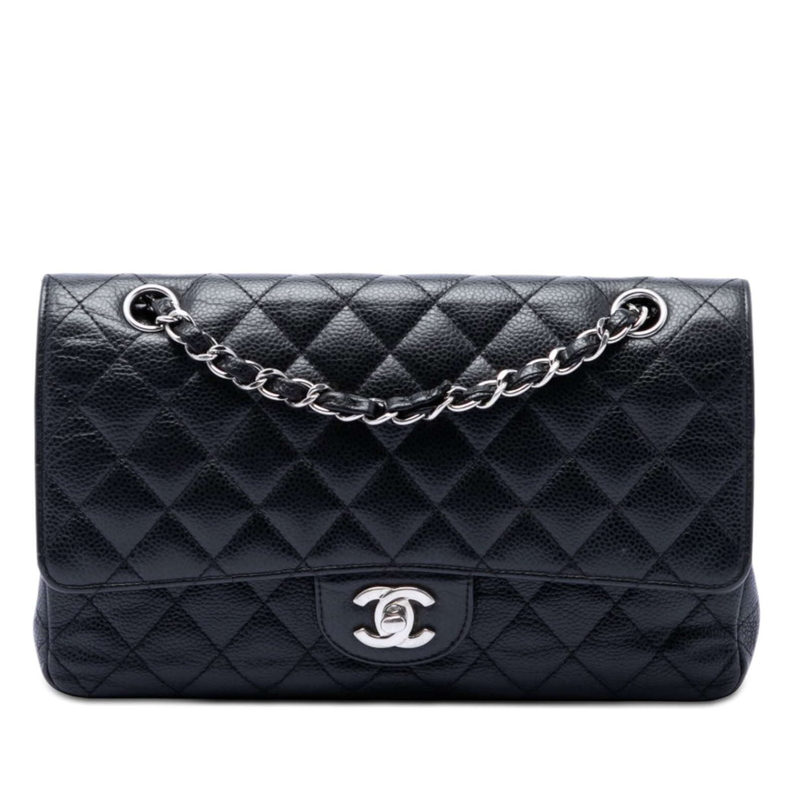 Chanel Medium Classic Double Flap Shoulder Bag Black Caviar Leather: Chanel Medium Classic Double Flap Shoulder Bag Black Caviar Leather Medium Classic Caviar Double Flap shoulder bag in black quilted caviar leather. It features an exterior back slip pocket, leather-wo
