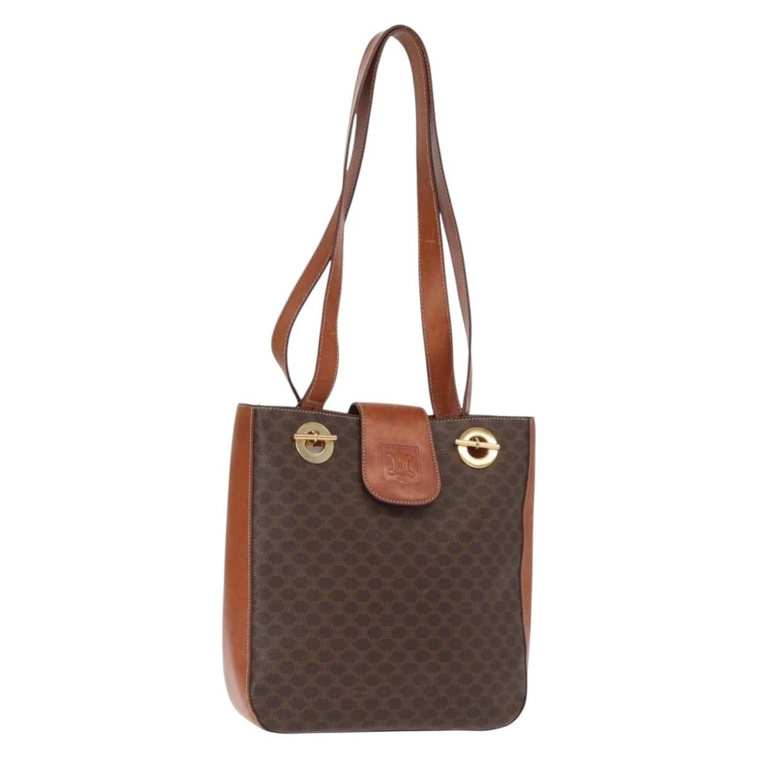 CELINE Macadam Shoulder Bag Brown PVC Leather Gold Tone: CELINE Macadam Shoulder Bag Brown PVC Leather Gold Tone Celine shoulder bag in brown Macadam canvas with PVC leather trim and gold-tone accents. Made in Italy, this women's bag includes the item only;